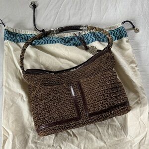 BRIGHTON Barbados Raffia Crochet & Genuine Leather Hobo Shoulder Bag